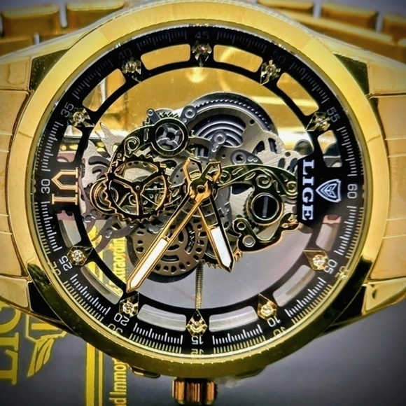 LIGE Men's Skeleton Watch - Gold on Top of Stainless- Clasp Band Great Quality - Picture 3 of 7